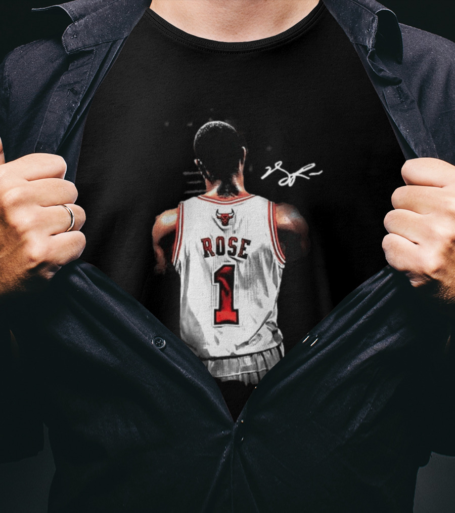 Derrick Rose Chicago Bulls Autographed Jersey Number 1 NBA T-Shirt