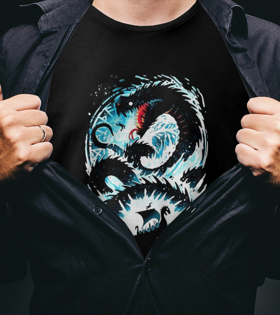 Jörmungandr World Serpent Norse Mythology Viking Ship Ocean Waves T-Shirt