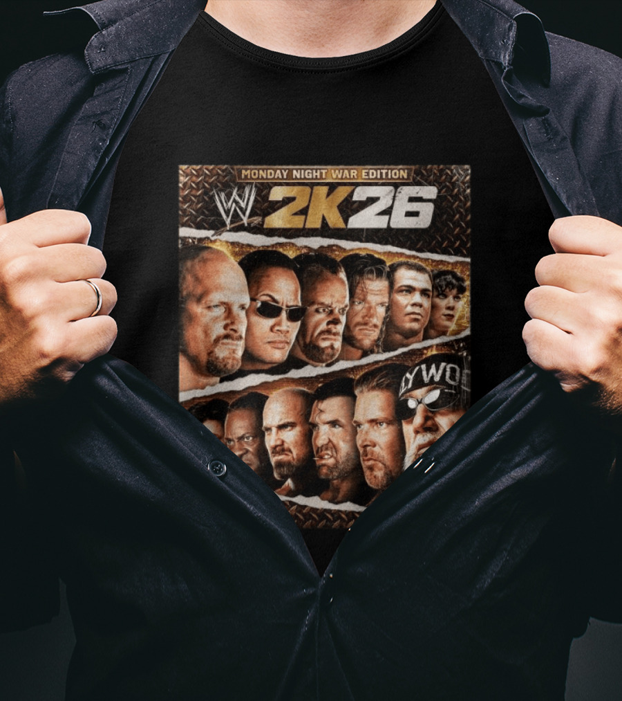 WWE 2K26 Monday Night War Edition Stone Cold Steve Austin Hollywood Hogan The Rock Shawn Michaels Triple H Cover T-Shirt