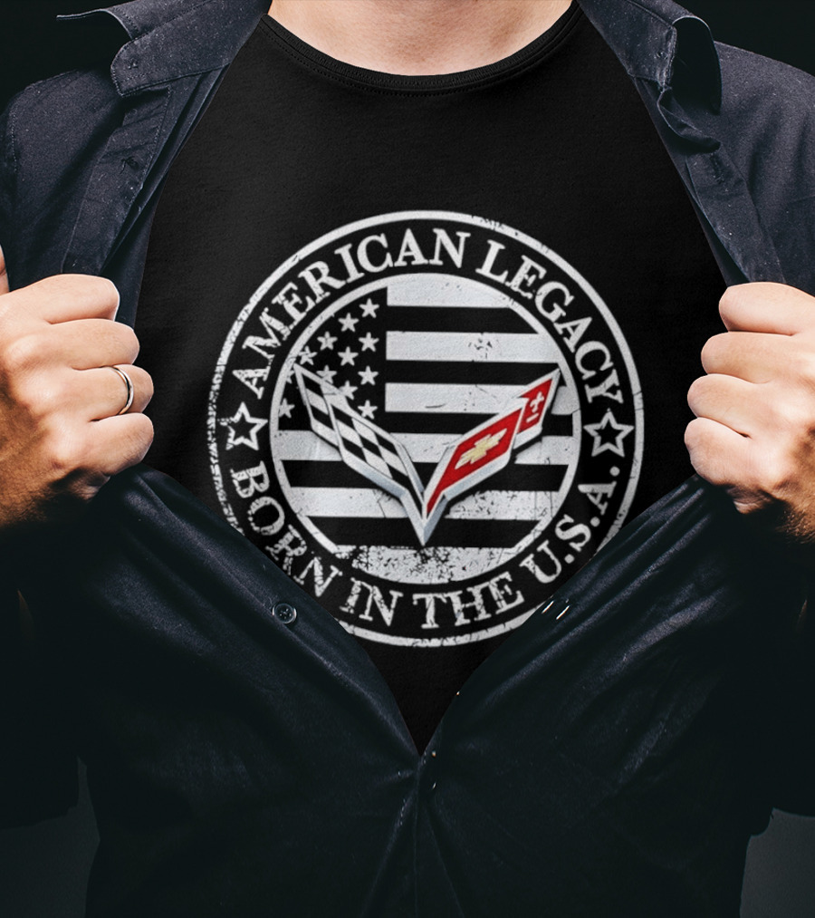 American Legacy Born In The USA Corvette Chevy Emblem Stars And Stripes T-Shirt