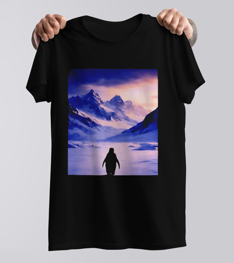 Nihilist Penguin Silhouette In Mountainous Ice Landscape T-Shirt