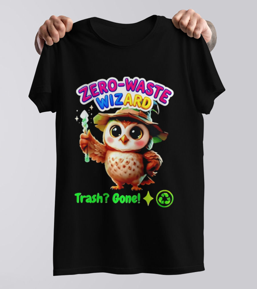 Zero Waste Wizard Owl With Magic Wand Trash Gone Recycling T-Shirt
