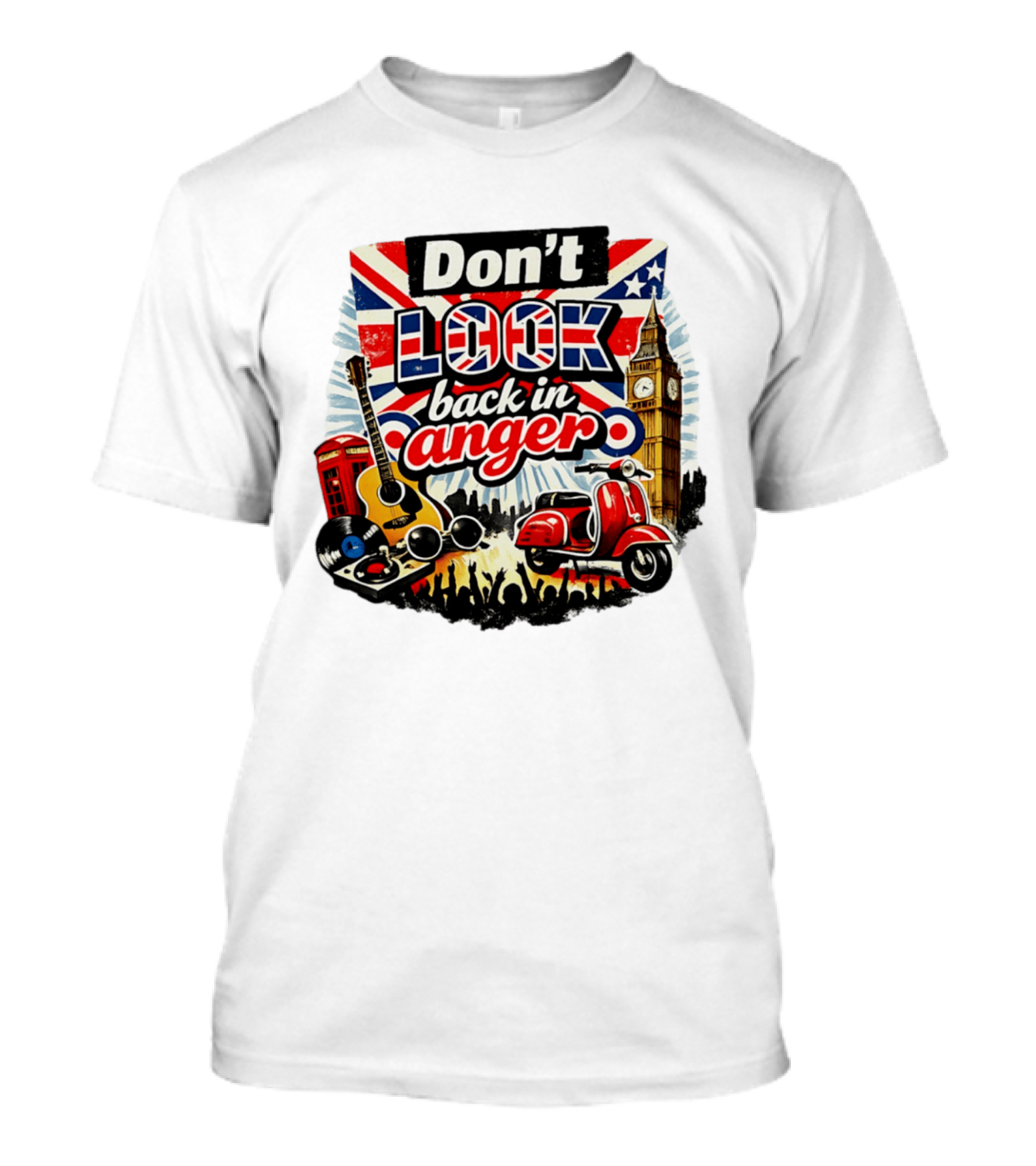 Don't Look Back In Anger UK Flag Vespa Guitar Big Ben Music T-Shirt
