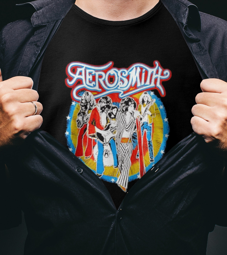 Aerosmith Vintage Band Members Illustration With Stars And Sunburst T-Shirt