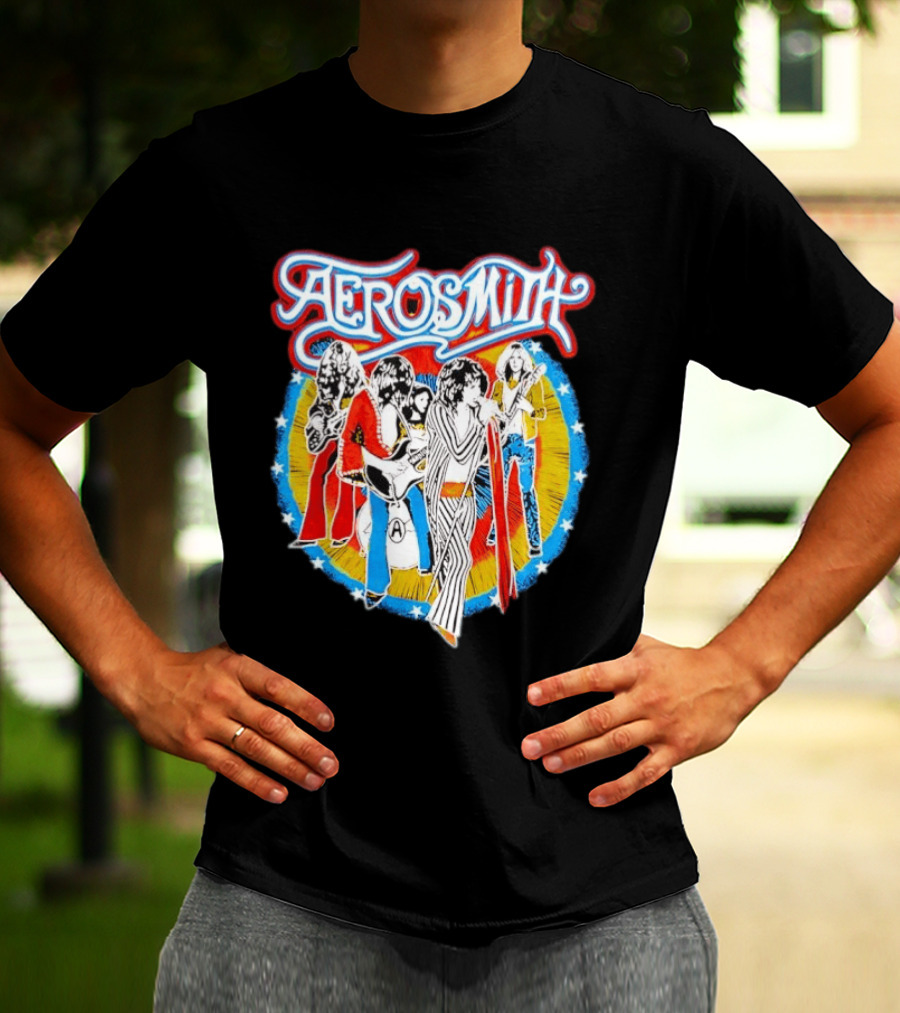 Aerosmith Vintage Band Members Illustration With Stars And Sunburst T-Shirt