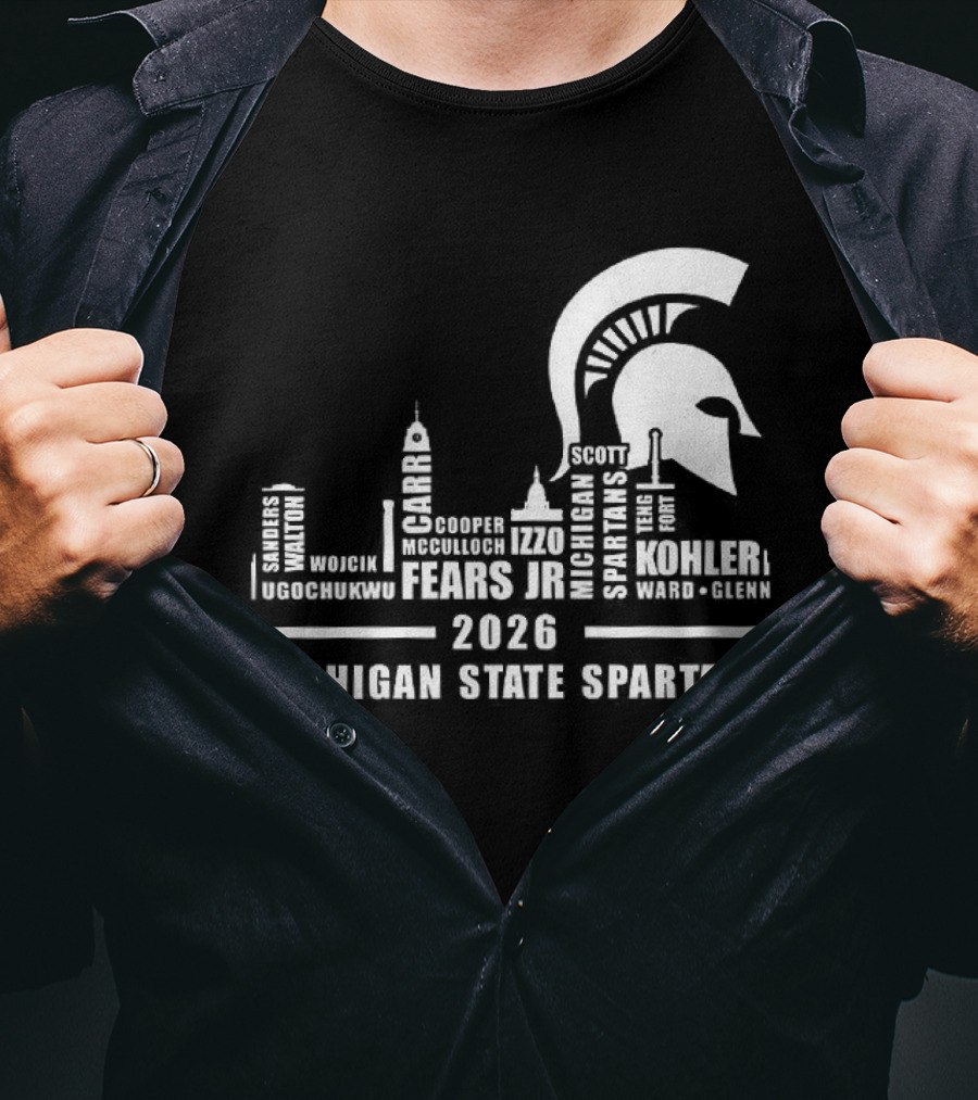 Michigan State Spartans 2026 City Skyline Buildings And Helmet T-Shirt