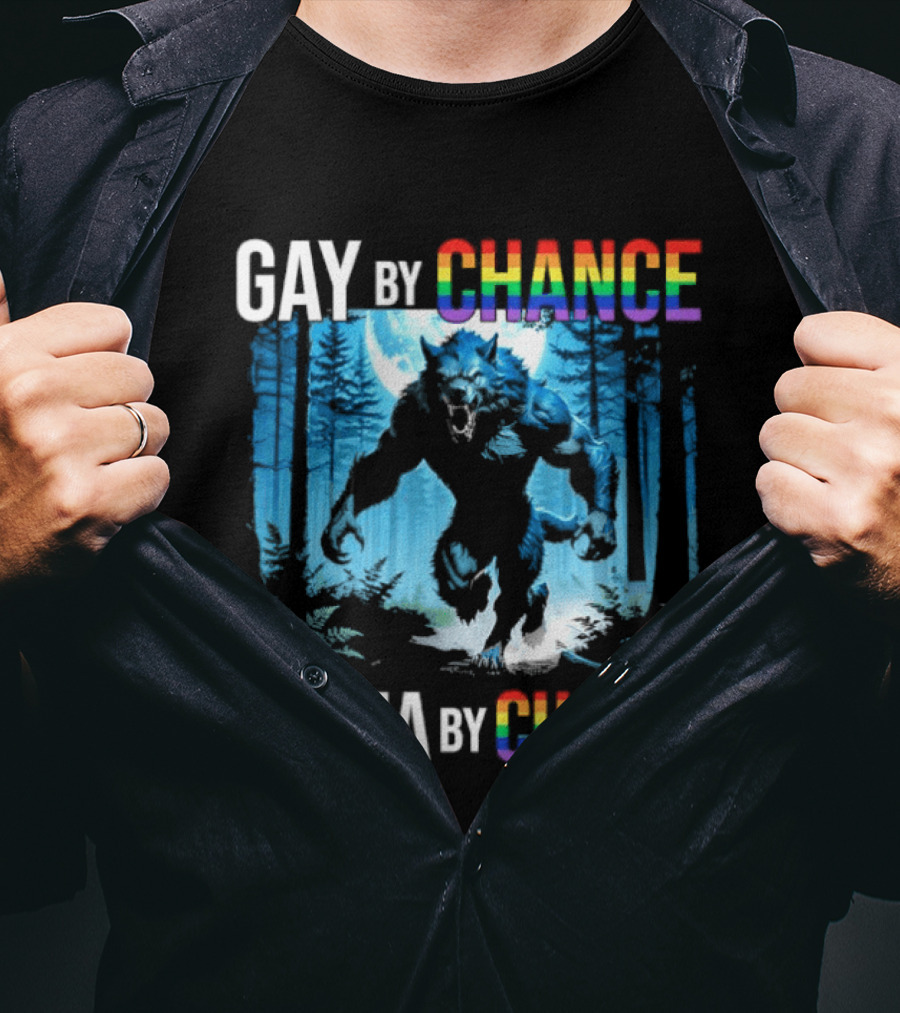 Gay By Chance Alpha By Choice Wolf LGBT Rainbow Forest Moon T-Shirt