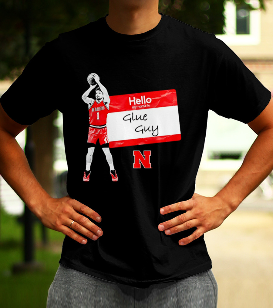 Sam Hoiberg Nebraska Cornhuskers Hello My Name Is Glue Guy T-Shirt