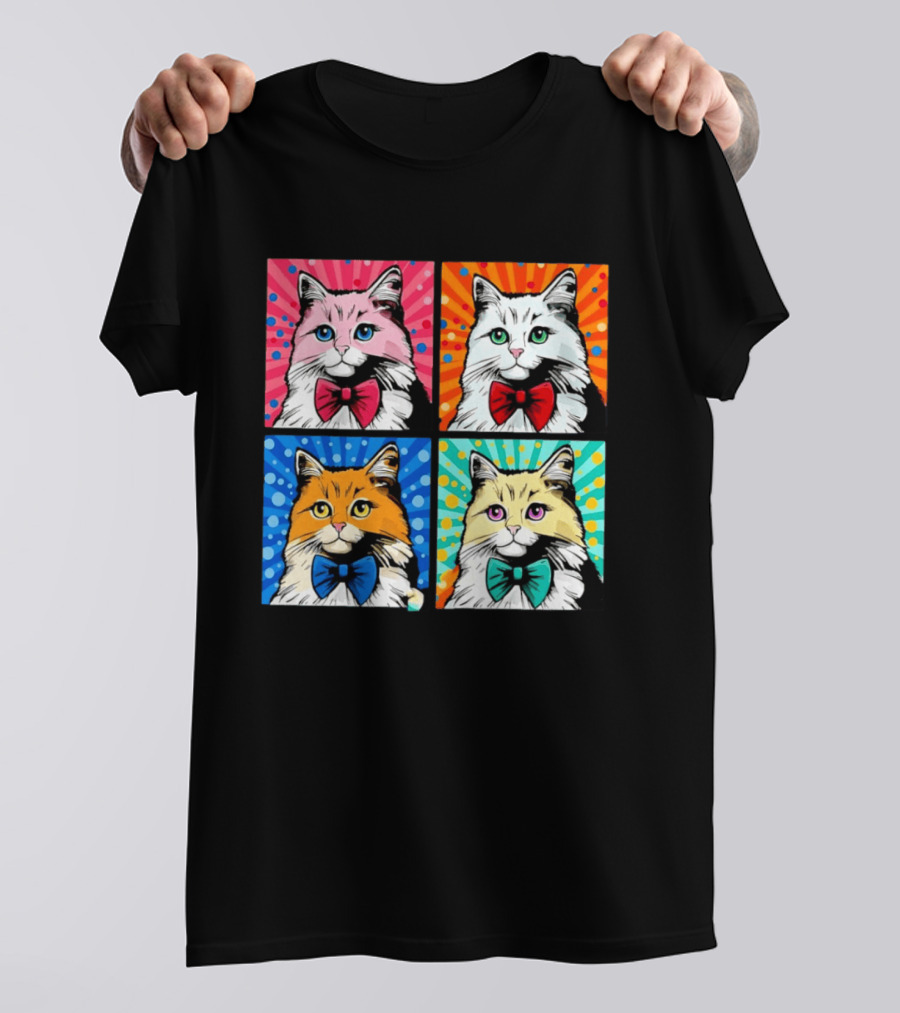 Pop Art Pop Four Panel Colorful Cats Wearing Bowties Kilkennycat T-Shirt