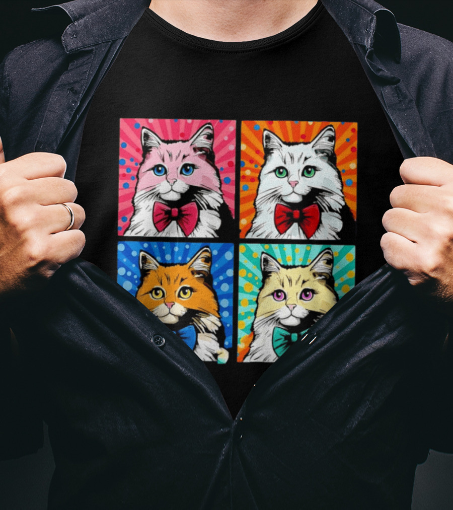 Pop Art Pop Four Panel Colorful Cats Wearing Bowties Kilkennycat T-Shirt