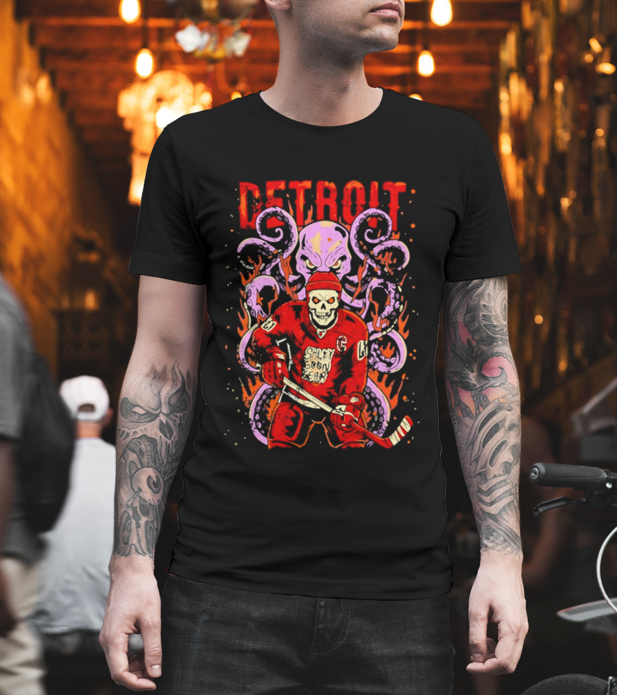 Detroit Salty Goon Skeleton Hockey Giant Octopus T-Shirt