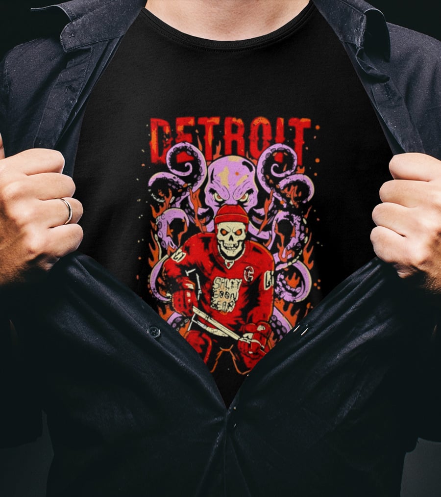Detroit Salty Goon Skeleton Hockey Giant Octopus T-Shirt