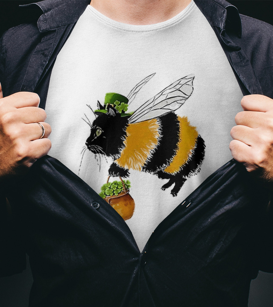 Catbee Lucky Buzz Cat With Clover And Leprechaun Hat T-Shirt