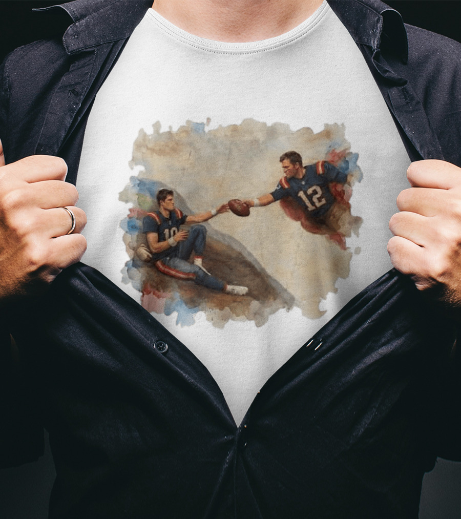 New England Football Brady Number 12 And Maye Number 10 Handing Football Painting T-Shirt