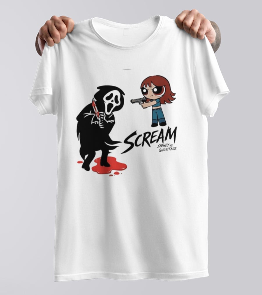 Scream Sidney Vs. Ghostface Cartoon Style Showdown With Knife And Splatter T-Shirt