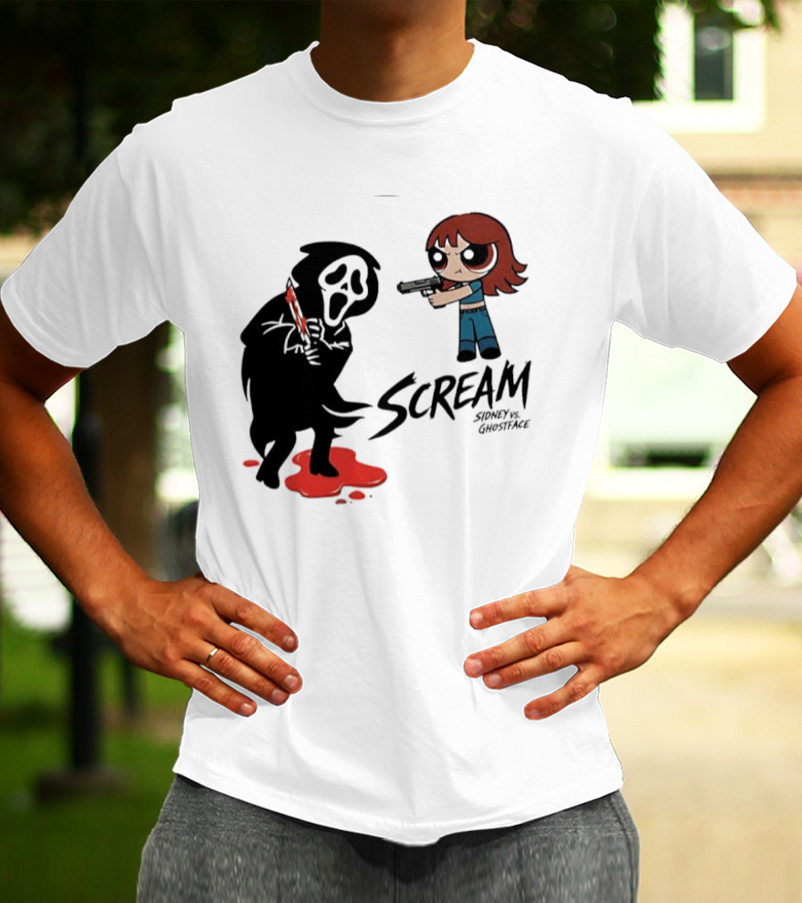 Scream Sidney Vs. Ghostface Cartoon Style Showdown With Knife And Splatter T-Shirt