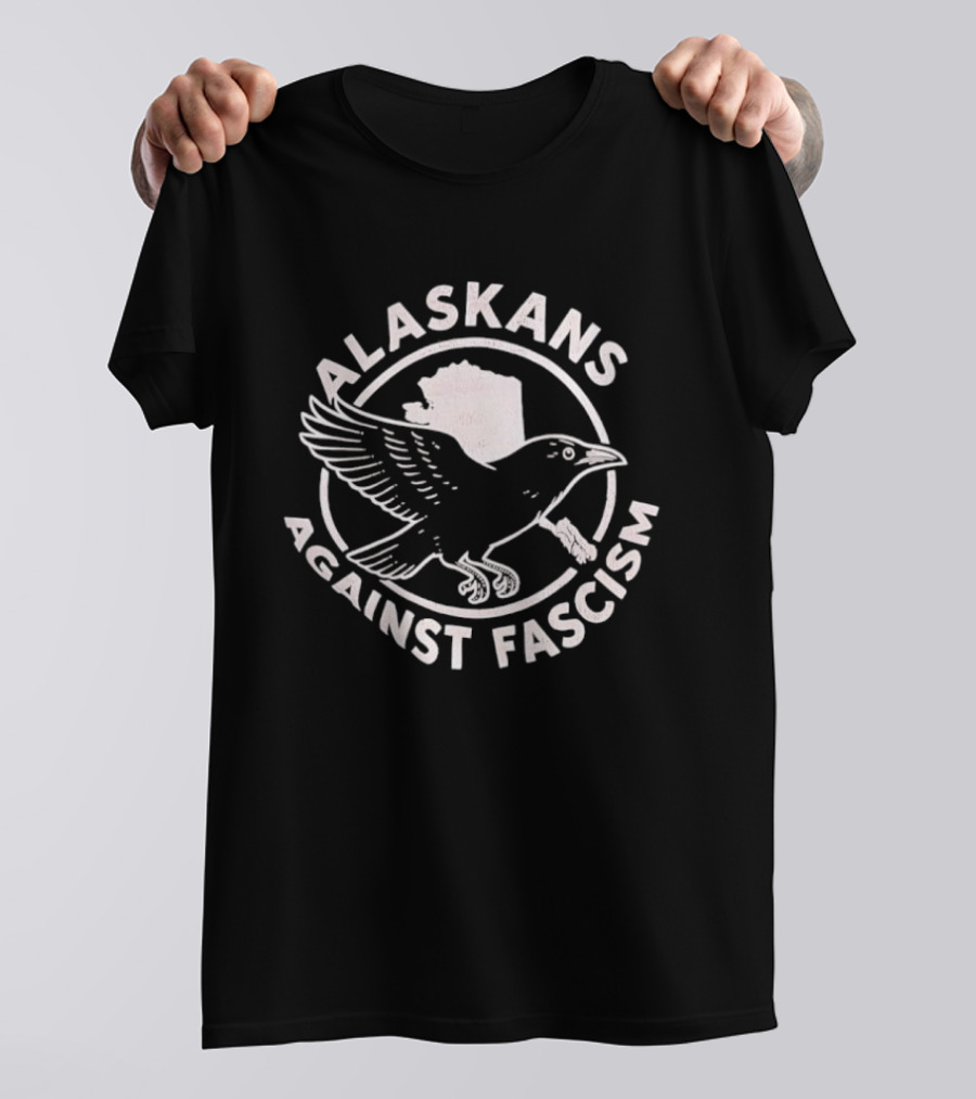 Alaskans Against Fascism Raven Activism Symbol With Alaska Map T-Shirt