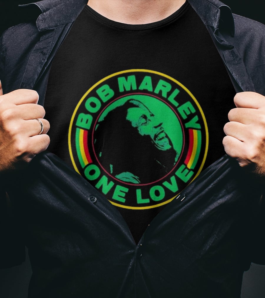 Bob Marley One Love Iconic Circle Emblem With Green And Red Highlights T-Shirt