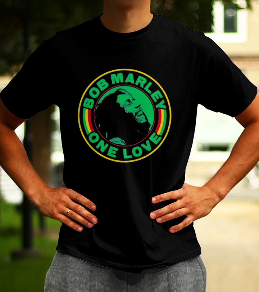 Bob Marley One Love Iconic Circle Emblem With Green And Red Highlights T-Shirt