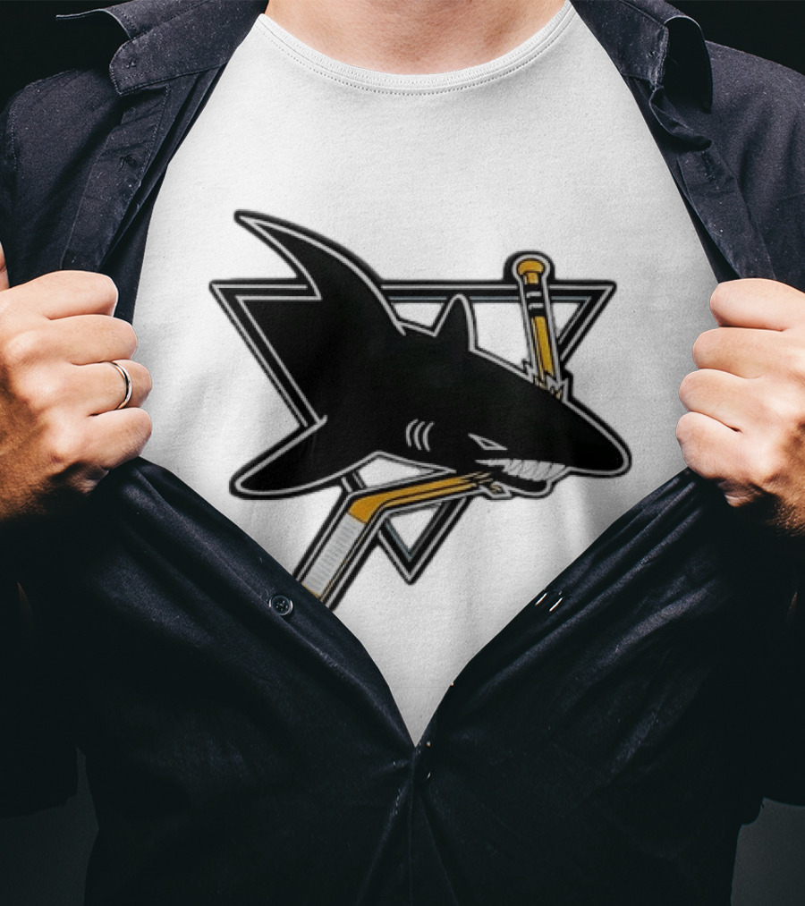 San Jose Sharks Biting Hockey Stick Triangle Sports T-Shirt