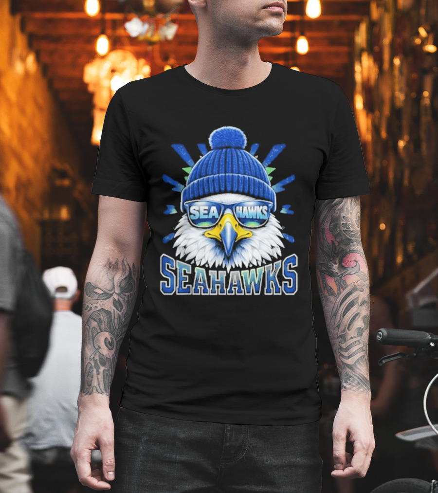 Seahawks Eagle Face With Sunglasses And Winter Hat T-Shirt