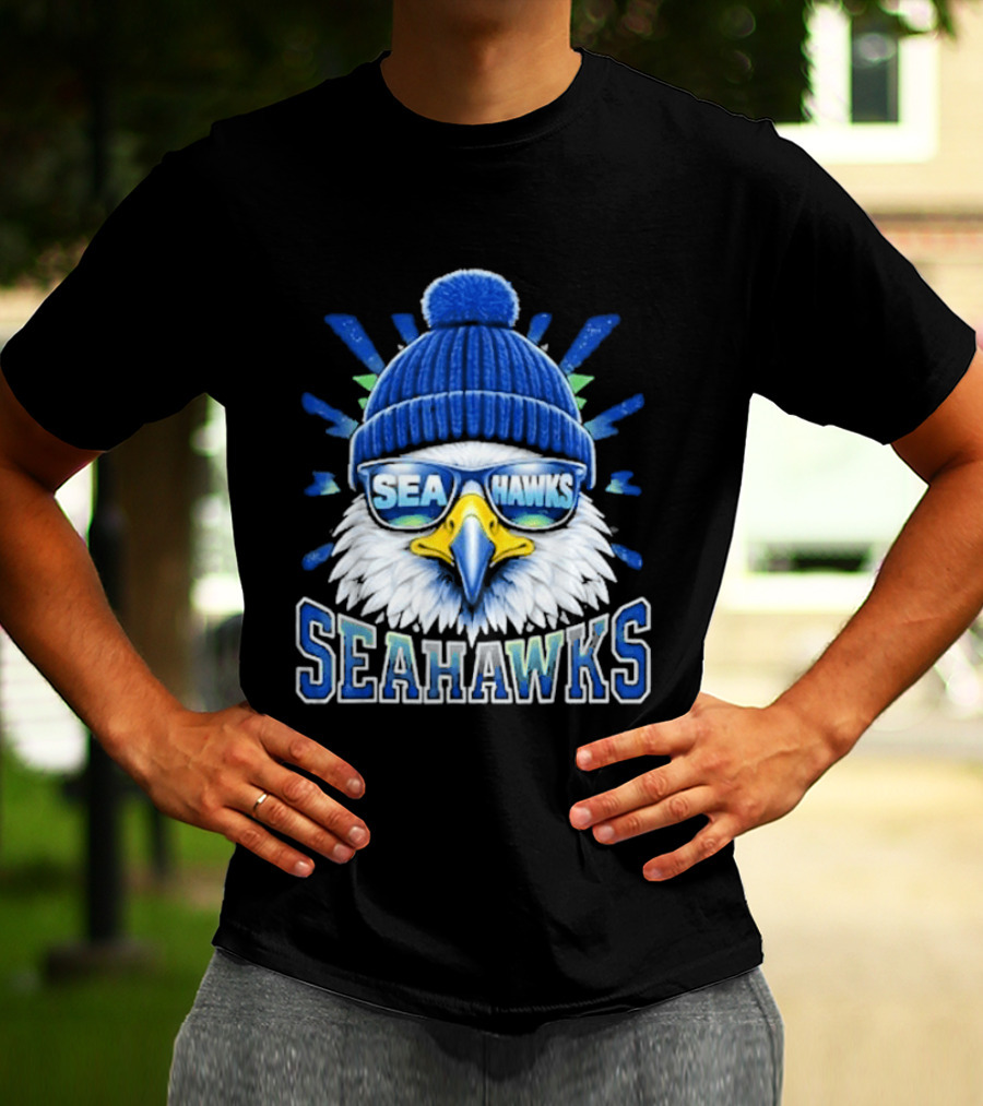 Seahawks Eagle Face With Sunglasses And Winter Hat T-Shirt