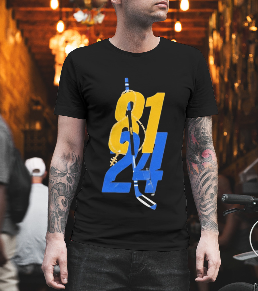 Ilya Rozanov 81 Shane Hollander 24 Hockey Stick Yellow Blue Numbers T-Shirt