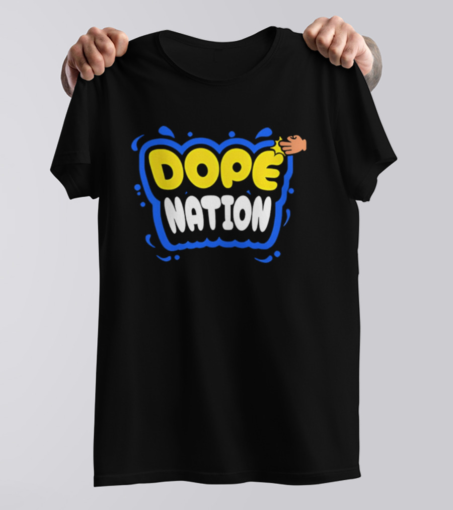 Dope Nation Bubble Letters With Yellow Hand And Blue T-Shirt