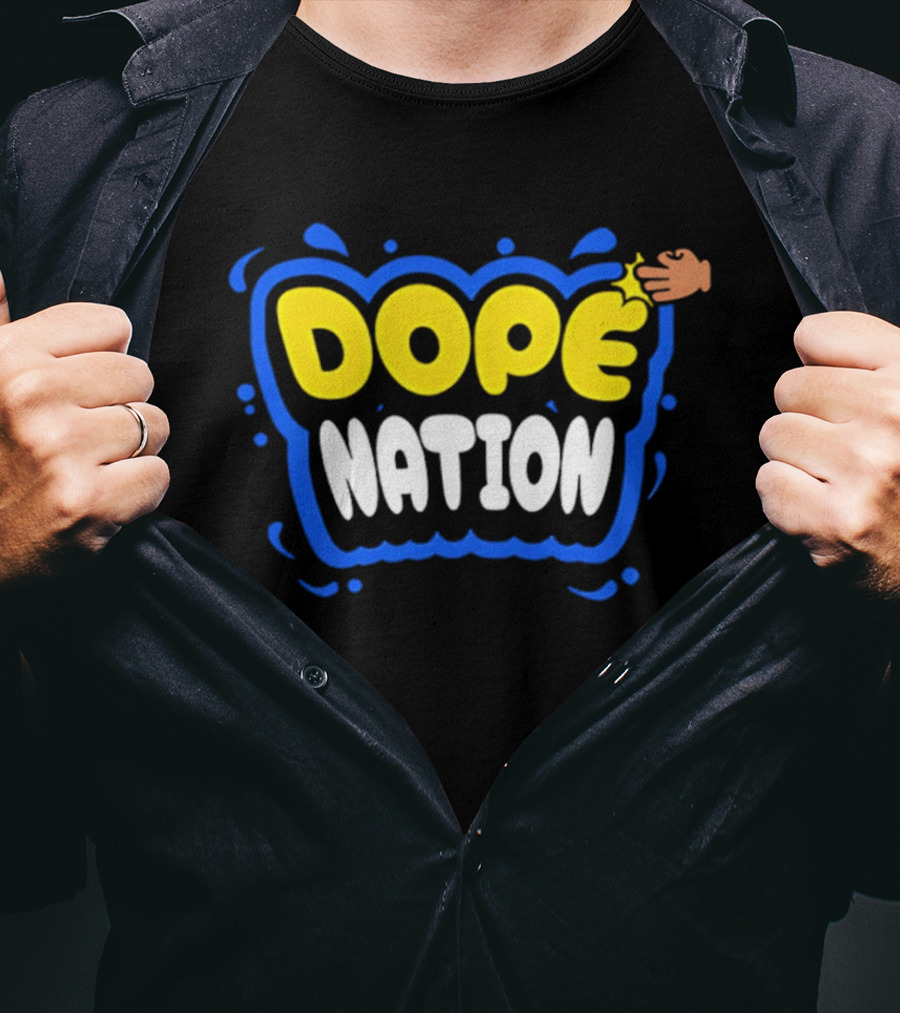 Dope Nation Bubble Letters With Yellow Hand And Blue T-Shirt
