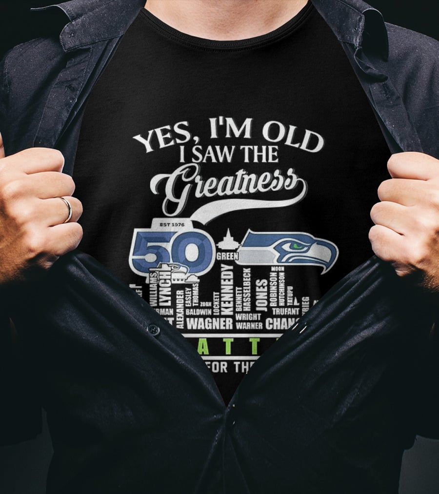 Seattle Seahawks 50th Anniversary Yes I'm Old I Saw The Greatness Skyline Thank You For The Memories T-Shirt