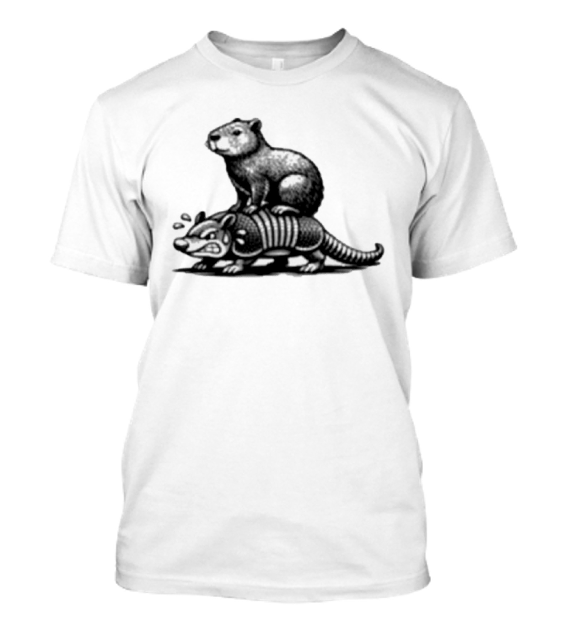 Capybara Riding Armadillo Black And White Illustration Adventure T-Shirt