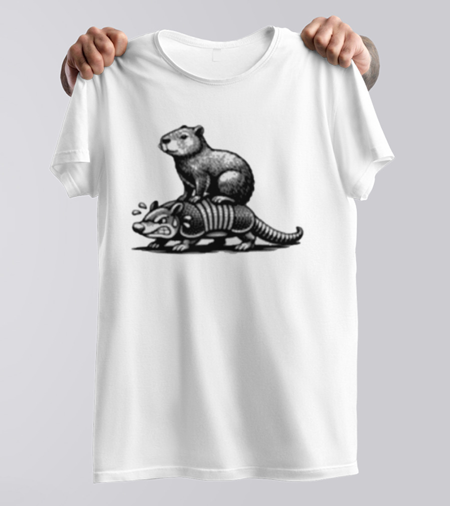 Capybara Riding Armadillo Black And White Illustration Adventure T-Shirt