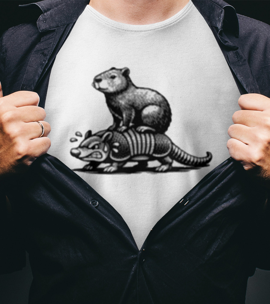 Capybara Riding Armadillo Black And White Illustration Adventure T-Shirt
