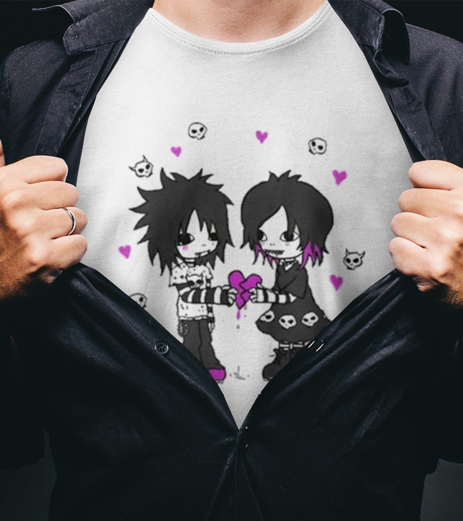 Goodie Two Sleeves Zombie Love Emo Couple Heart Skulls Pink Black T-Shirt