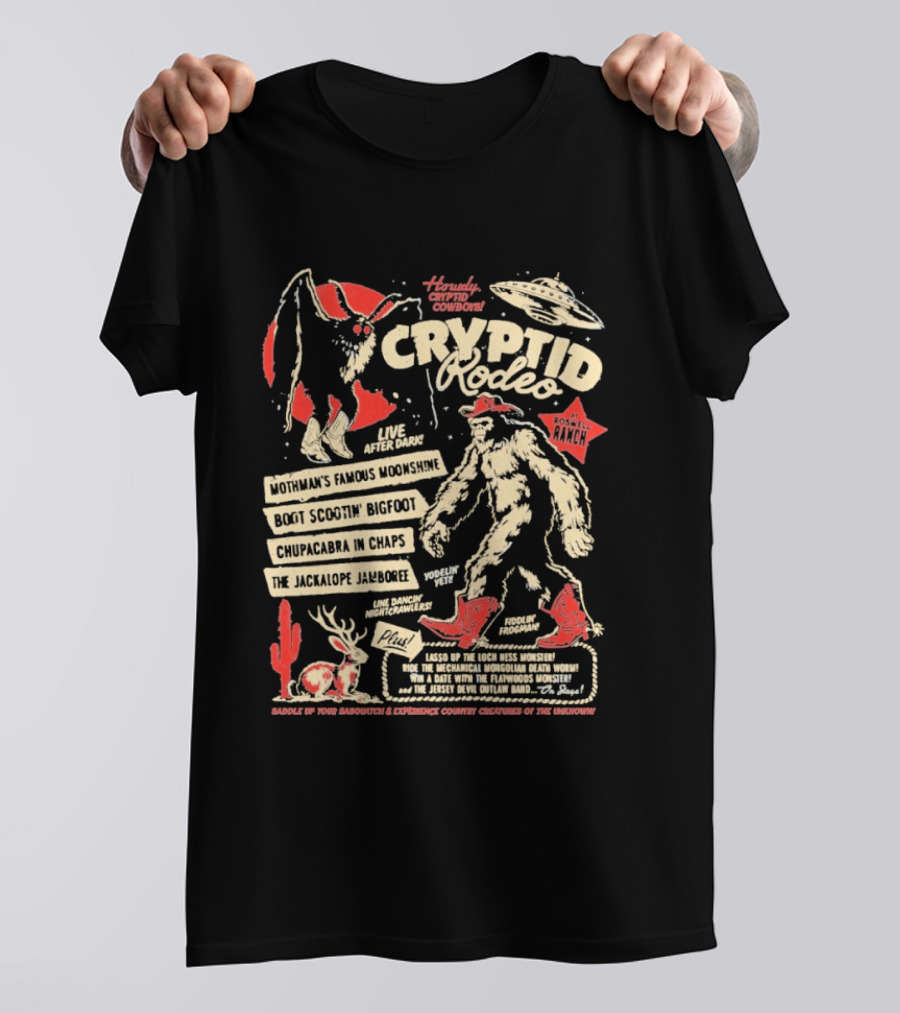 Howdy Cryptid Rodeo Yeti Sasquatch UFO Cactus Jackalope Chupacabra T-Shirt