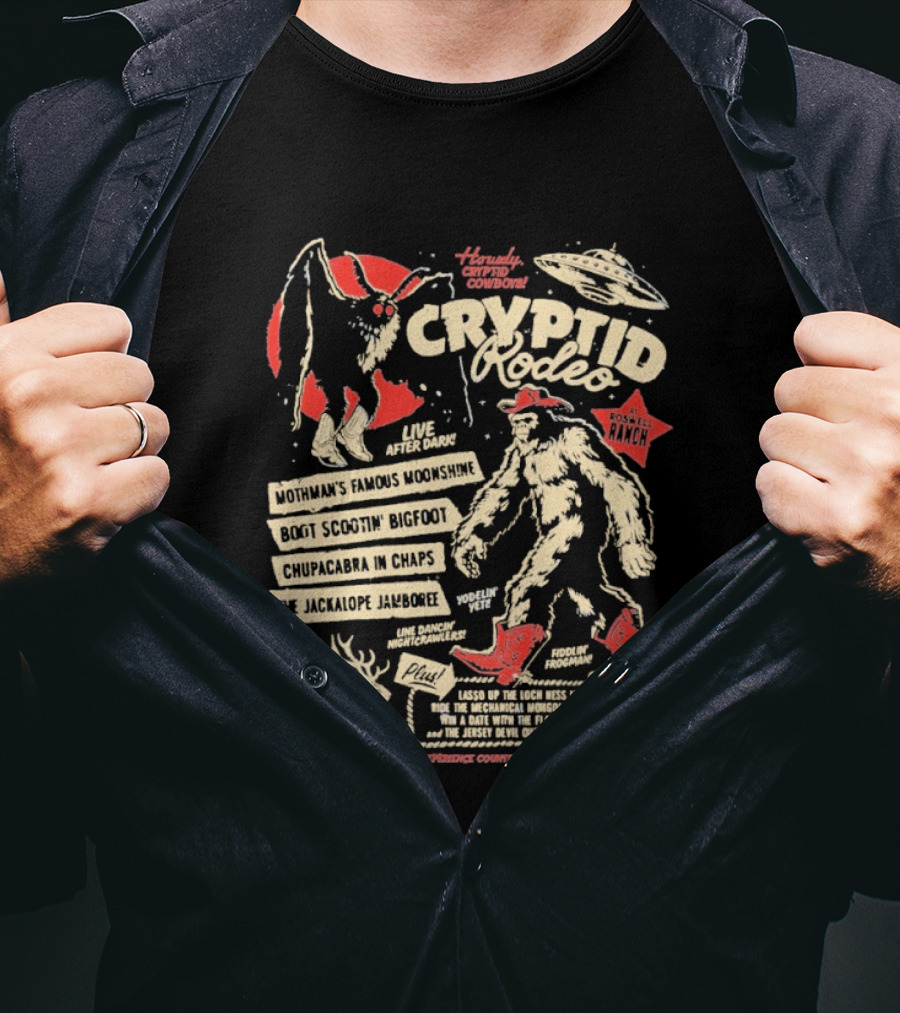 Howdy Cryptid Rodeo Yeti Sasquatch UFO Cactus Jackalope Chupacabra T-Shirt
