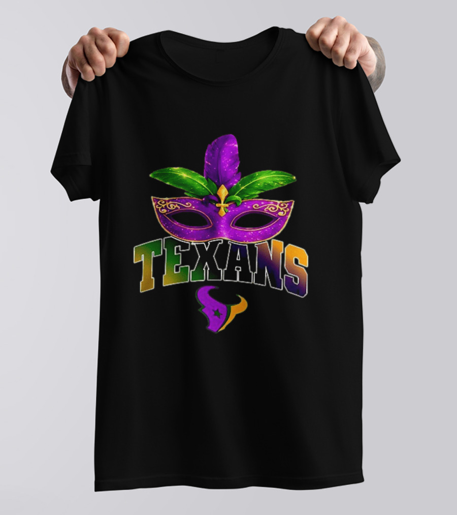 Houston Texans Mardi Gras Mask Fleur De Lis Feather T-Shirt