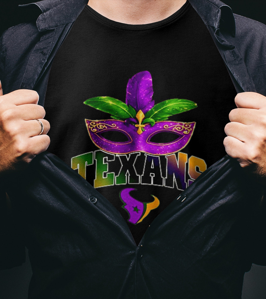 Houston Texans Mardi Gras Mask Fleur De Lis Feather T-Shirt