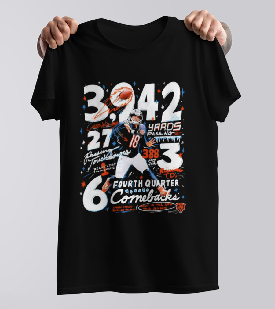 Caleb Williams Chicago Bears 2026 3,242 Yards Passing 27 Touchdowns 6 Fourth Quarter Comebacks 3 Wins T-Shirt