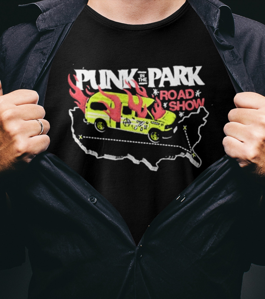 Punk In The Park Road Show 2026 Flaming Van USA Map Tour T-Shirt