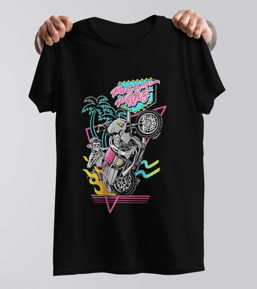Bagger Misfits Skeleton Motorcycle Wheelie Neon 80s Palm Trees T-Shirt