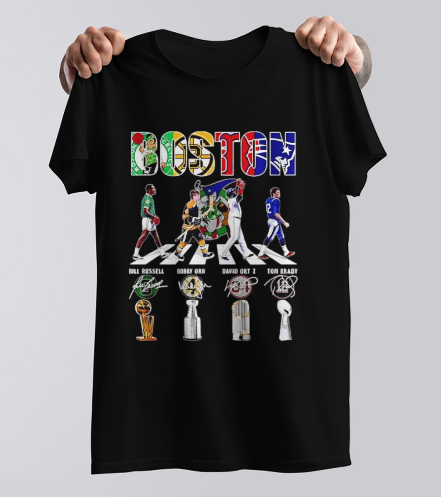 Boston Celtics Bruins Red Sox Patriots Bill Russell Bobby Orr David Ortiz Tom Brady Trophies Legends Signatures T-Shirt
