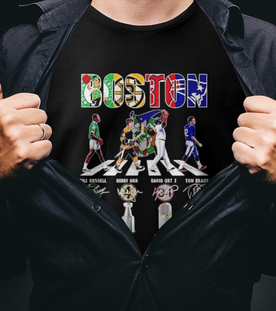 Boston Celtics Bruins Red Sox Patriots Bill Russell Bobby Orr David Ortiz Tom Brady Trophies Legends Signatures T-Shirt