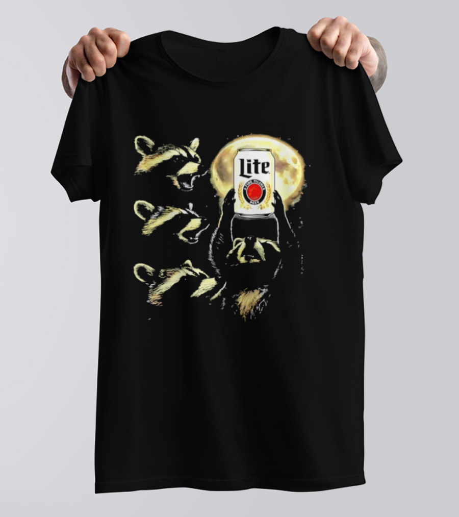 Four Raccoons Howling At Moon With Miller Lite Can T-Shirt