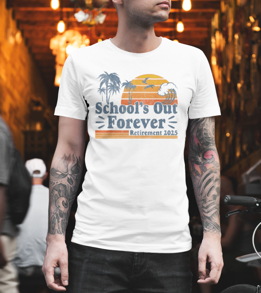 School'S Out Forever Retirement 2025 Tropical Sunset Vintage Palm Trees Birds Waves T-Shirt