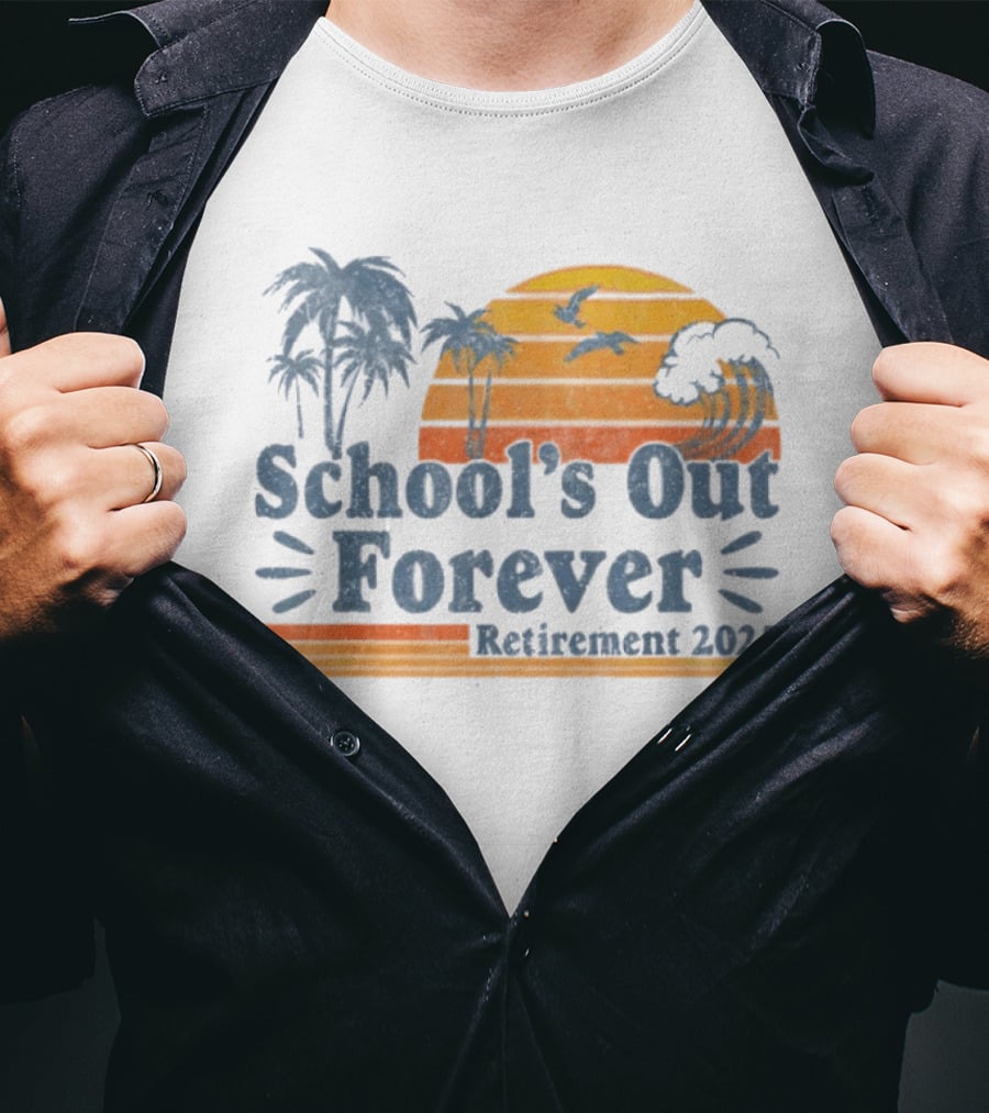 School'S Out Forever Retirement 2025 Tropical Sunset Vintage Palm Trees Birds Waves T-Shirt