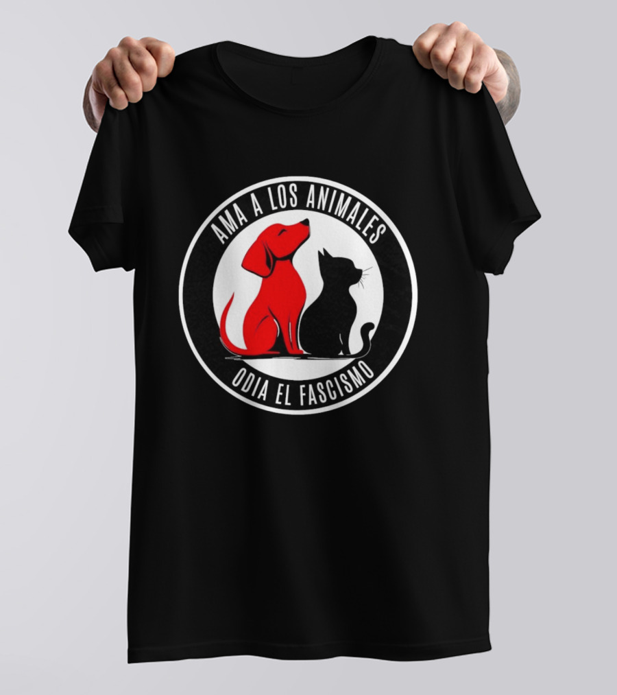 Ama A Los Animales Odia El Fascismo Perro Rojo Gato Negro Círculo Blanco Negro T-Shirt