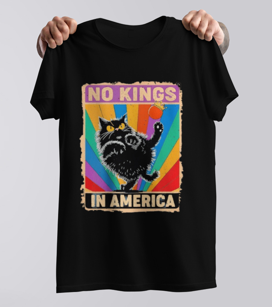 No Kings In America Black Cat Anti Trump Rainbow Kingslayer T-Shirt