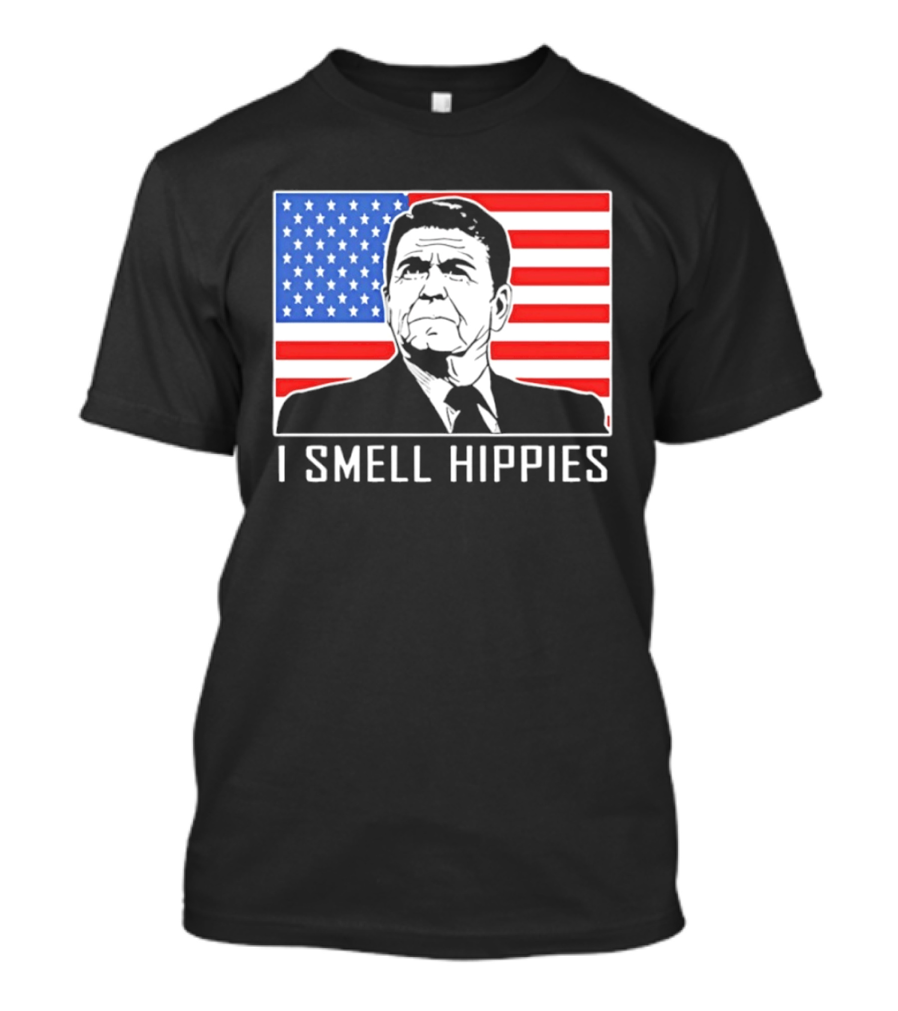 I Smell Hippies Ronald Reagan American Flag Stars And Stripes T-Shirt