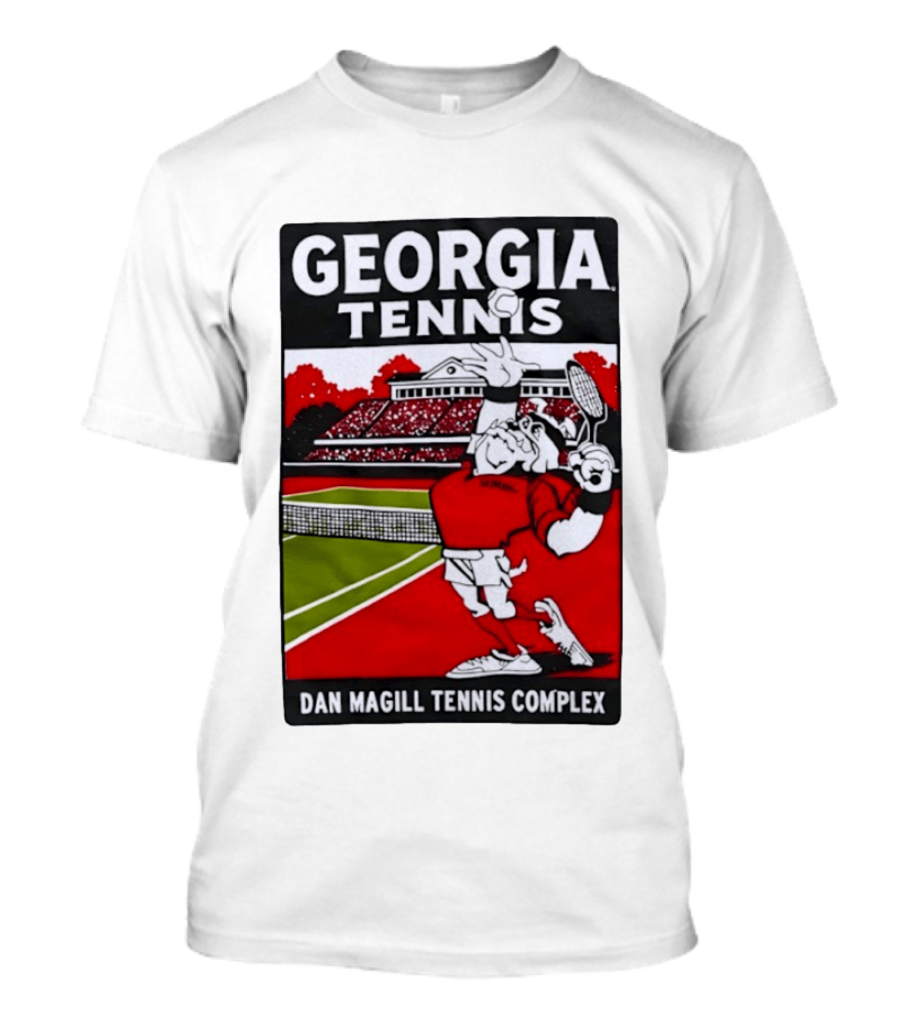 Georgia Tennis Dan Magill Tennis Complex Cartoon Character Court Scene T-Shirt